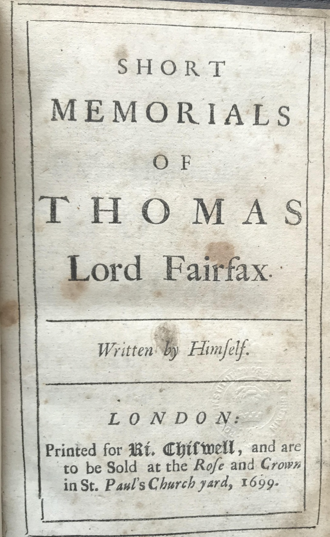Title-page of Fairfax's Short Memorials as published in 1699